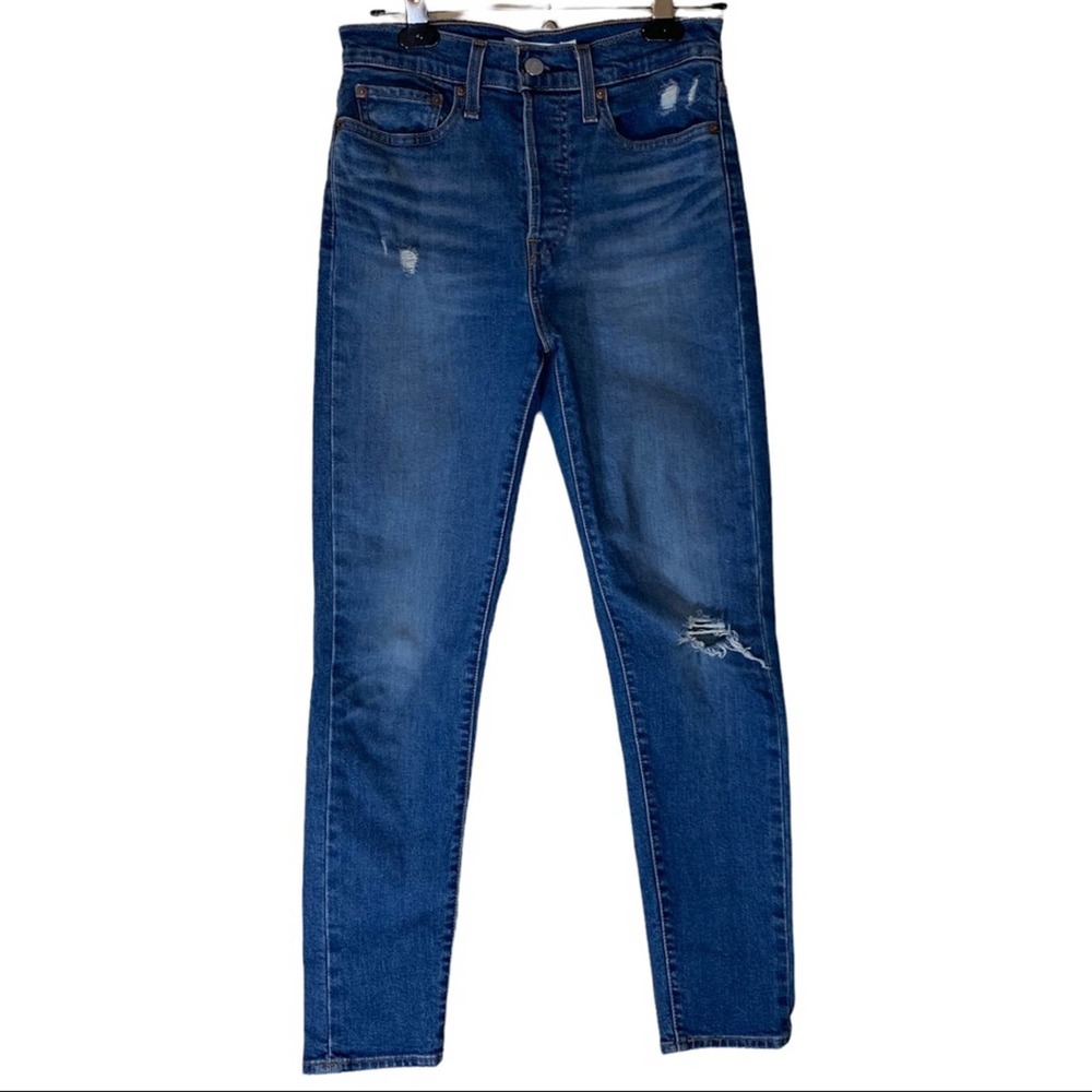 Levis Wedgie Skinny Women's size 27 High Rise Button Fly Distressed Blue Jeans